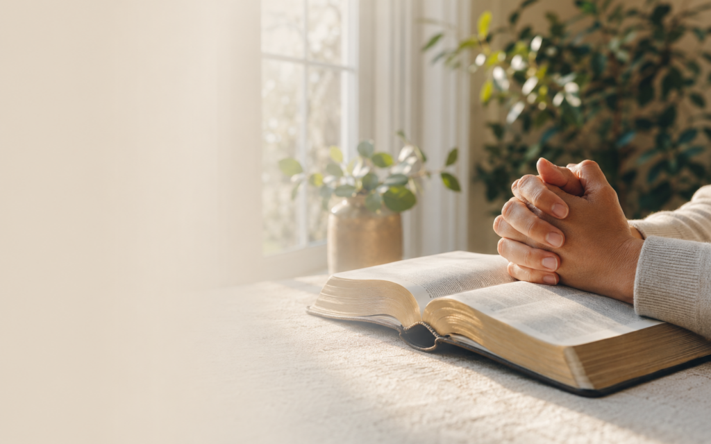 Open Bible beside hands folded in prayer in soft morning light